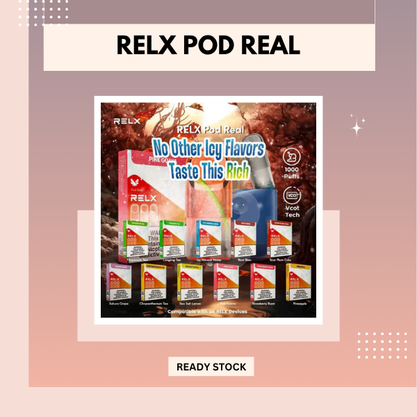 Authentic RELX Pod Real flavor pack with visible e-liquid window for Singapore vape users