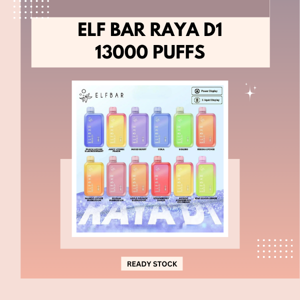 Elf Bar Raya D1 13000 Puffs disposable vape device with smart digital display screen showing battery and e-liquid levels