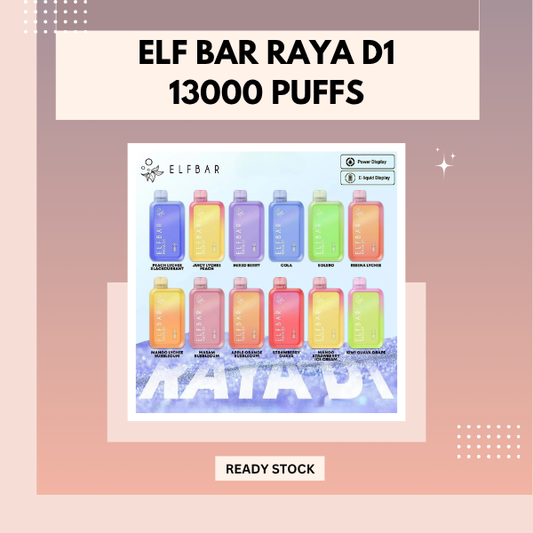 Elf Bar Raya D1 13000 Puffs disposable vape device with smart digital display screen showing battery and e-liquid levels