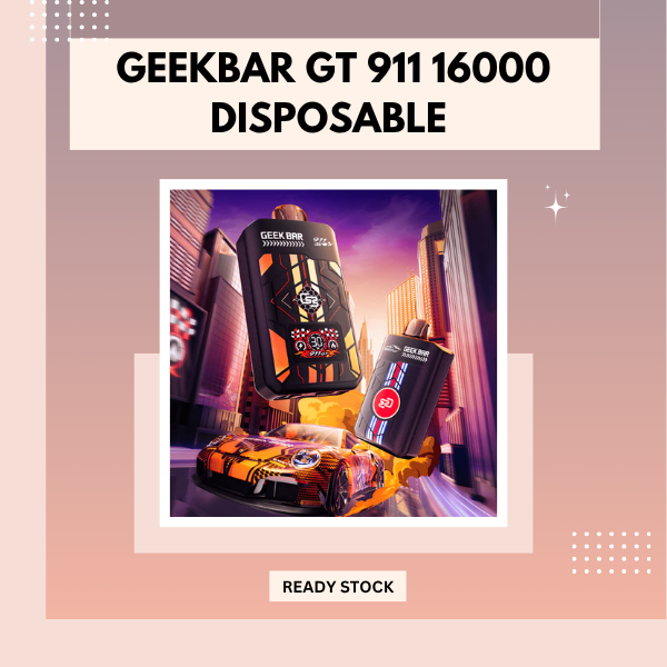Geek Bar 911 GT 16000 Puffs racing themed disposable vape device with smart LED display screen