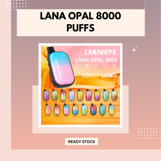 Lana Opal 8000 Puffs disposable vape device showing the sleek gradient design and flavor options.