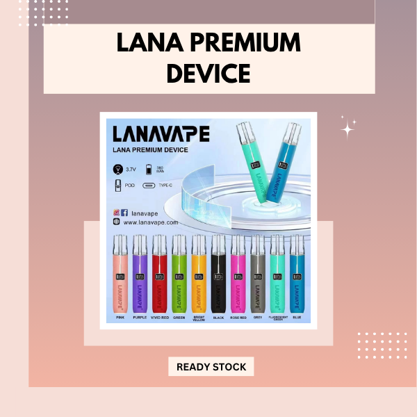 Lana Premium Device closed pod vape kit showing sleek metallic finish and Type-C charging port