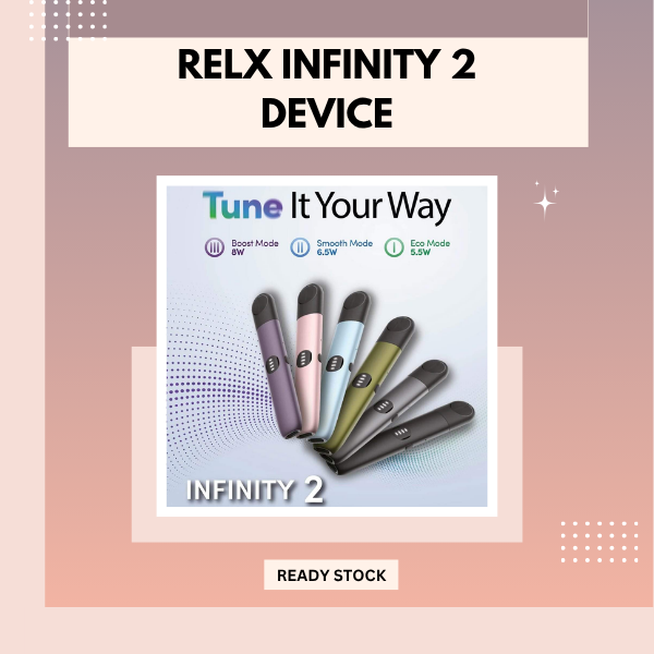 RELX Infinity 2 Plus Device in Meteor Flash color with signature orange button and 4-stage LED battery indicator