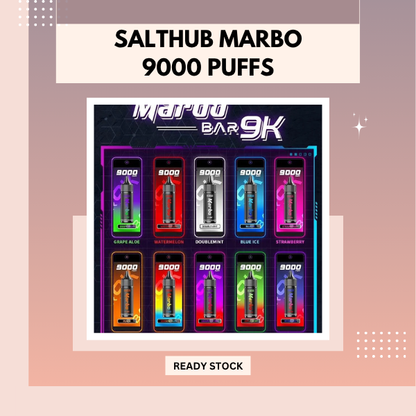 Salthub Marbo 9000 Puffs disposable vape pod packaging and device layout