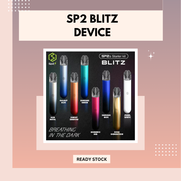 SP2S Blitz Device vape starter kit displaying various gradient colors like Galaxy Blue, Sunset Shadow, and Quasars Green with crystal pod attached.