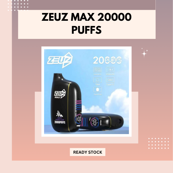 Zeuz Max 20000 Puffs Disposable Vape device showing smart LED screen and sleek design